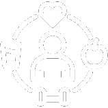 Minimalist line art icon of a person surrounded by a heart, apple, and dumbbell, representing holistic lifestyle counselling, nutrition, and metabolic wellness tracks