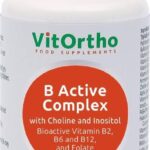 A white plastic bottle of VitOrtho B Active Complex food supplements with a silver cap and a large orange circular label on the front.