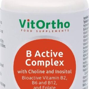 A white plastic bottle of VitOrtho B Active Complex food supplements with a silver cap and a large orange circular label on the front.
