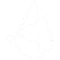 White line art icon of a chemical beaker and molecule diagram inside a drop representing cellular biochemistry and HO-1 gene upregulation