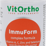 A white plastic bottle of VitOrtho ImmuForm food supplements with a matte silver cap and a prominent orange circular label on the front.