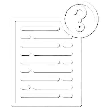 White line art icon of a medical intake questionnaire document with an attached question mark bubble representing systemic client inquiry diagnostics