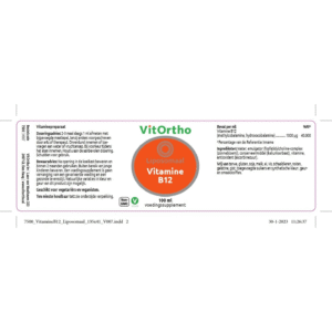 The structural layout design of a flat nutritional food supplement label for VitOrtho Liposomal Vitamin B12, featuring detailed product tables, Dutch text blocks, and corporate manufacturing data.