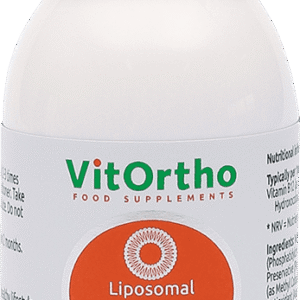 A white plastic bottle of VitOrtho Liposomal Vitamin B12 liquid food supplements with a ribbed white plastic cap and a prominent orange circular label on the front.