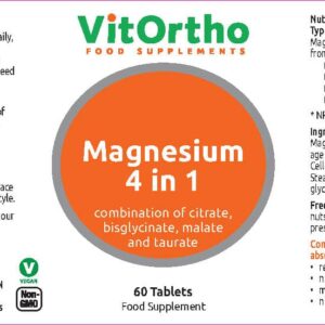 The nutritional information label for VitOrtho Magnesium 4 in 1 food supplements, detailing suggested usage, ingredient specifications, and allergen-free disclosures.