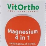 A white plastic bottle of VitOrtho Magnesium 4 in 1 food supplements with a silver cap and a large orange circular label on the front.