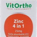 A white plastic bottle of VitOrtho Zinc 4 in 1 food supplements with a silver cap and a prominent orange circular label on the front.