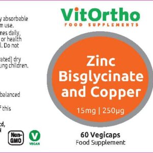 The nutritional information label for VitOrtho Zinc Bisglycinate and Copper food supplements, outlining suggested usage, ingredient specifications, and allergen disclosures.