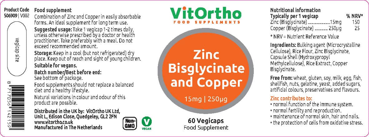 The nutritional information label for VitOrtho Zinc Bisglycinate and Copper food supplements, outlining suggested usage, ingredient specifications, and allergen disclosures.