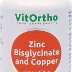 A white plastic bottle of VitOrtho Zinc Bisglycinate and Copper food supplements with a silver cap and a prominent orange circular label on the front.