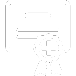 White line art icon of a medical certificate document with a verified clinical cross ribbon badge representing professional practitioner credentials