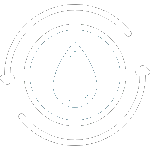 White line art icon showing a fluid drop surrounded by concentric circular tracking lines and arrows to represent systemic metabolic clearance and fluid circulation