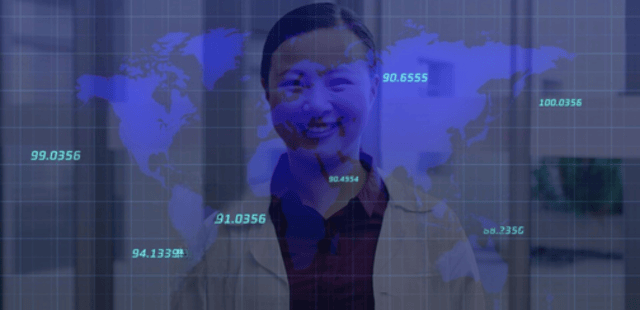 Smiling female practitioner profile overlaid with a digital blue world map grid and data tracking metrics representing secure global telehealth video networks