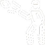 White line art icon of an athlete in motion to represent sports strain, cumulative movement patterns, and overuse tendinopathy strain injuries