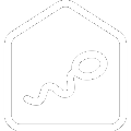 White line art icon of a sperm cell inside a house shape representing clinical IVF support and fertility acupuncture essex protocols