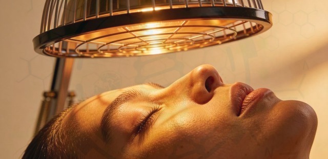 Close-up profile of a patient receiving non-invasive far-infrared therapy, showcasing a specialized thermal heat lamp delivering deep-tissue infrared wave spectrums to the face.