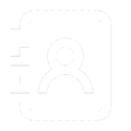 A white, minimalist line-art icon of an address book or contacts directory, featuring a person profile silhouette inside a curved binder outline with three subtle divider tabs on the left edge, set against a transparent background.