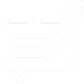 A white, minimalist line-art icon depicting a rectangular speech bubble with three horizontal text lines inside and a diagonal pencil positioned over its right side to represent writing a message.