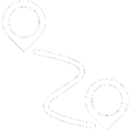 A white, minimalist line-art icon depicting a winding, curved navigation route connecting two map location pins positioned at the top left and bottom right corners.